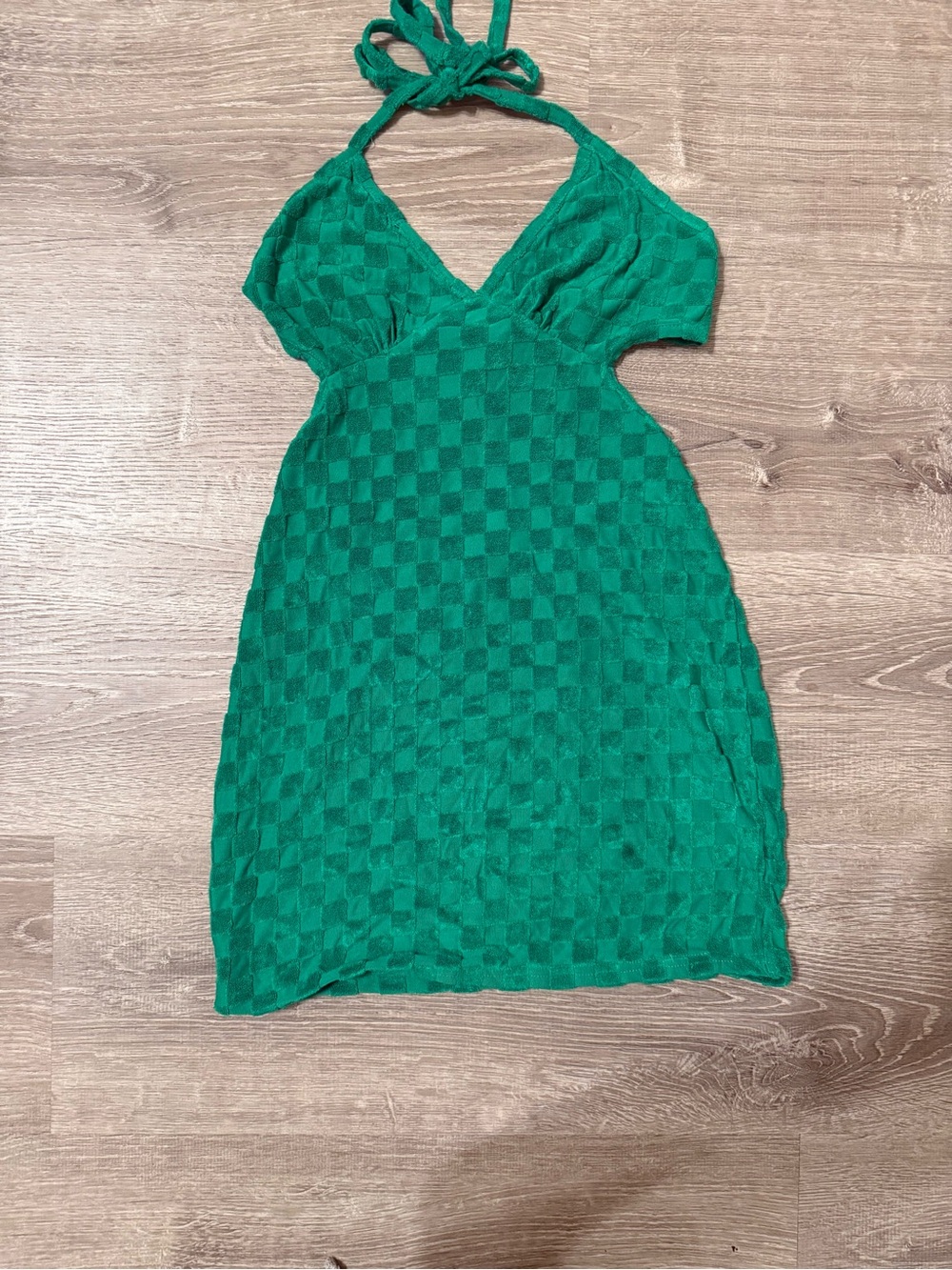 Emerald Green Halter Mini Dress with Check Texture